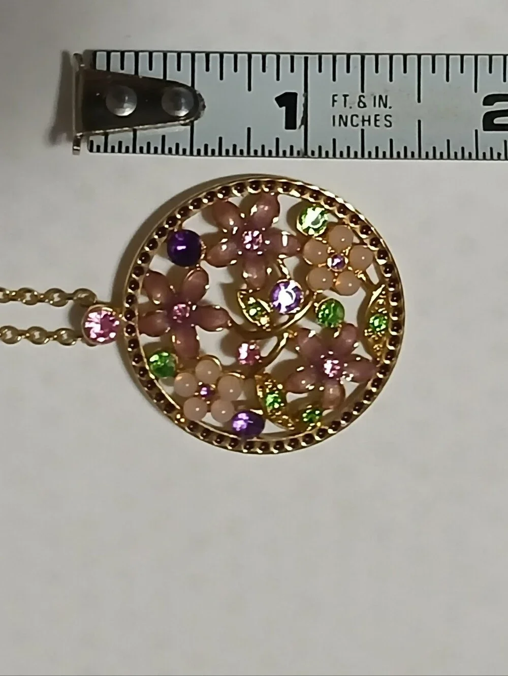 Gold Tone Round Floral Multicolor Crystal Pendant Necklace